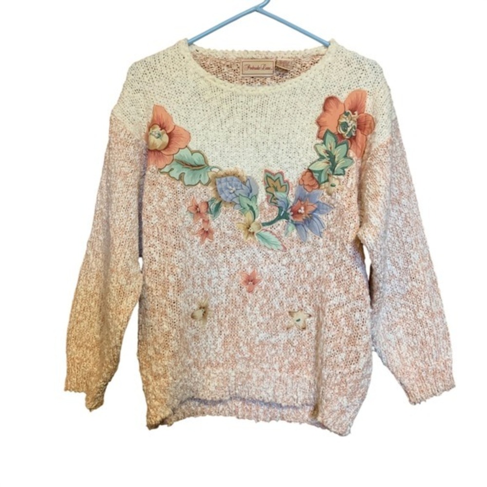 VTG Penbrooke Lane Sweater Floral Applique Pink Small Cottage Coquette Femme‎